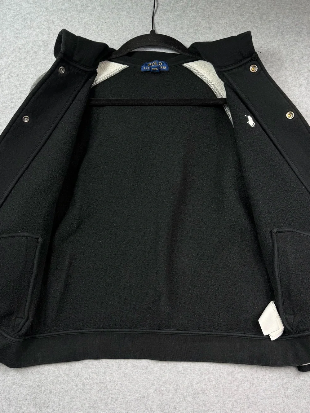 Polo Ralph Lauren Hooded Fleece Varsity Jacket Black Grey Kids Size Large 14/16